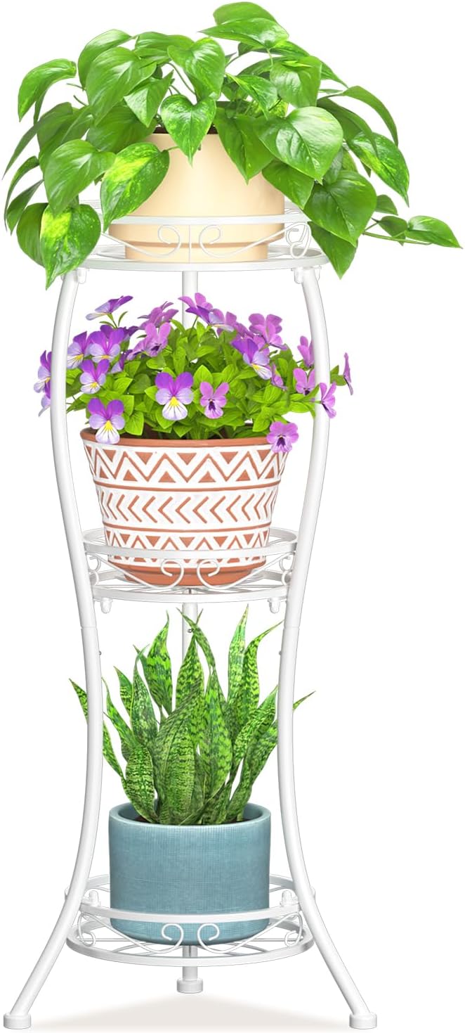 LASZOLA White 3 Tier Tall Plant Stand for Indoor Outdoor, Large Multiple Level Flower Planter Holder Organizer Rack for Patio Office Bathroom Corner Floor, Sturdy Heavy Duty Metal, Vertical Display
