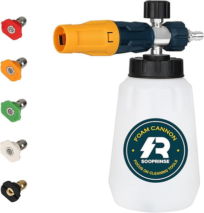 Sooprinse Foam Cannon with 1/4 Inch Quick Connector, Heavy Duty Car Foam Blaster Wide Neck Adjustable Snow Foam Lance for Pressure Washer, 5 Pressure Washer Nozzle Tips, 1 Liter