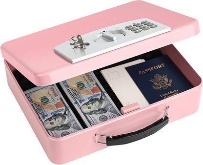 KYODOLED Pink Safe Box with Digital Keypad Lock, Lock Box with Code for Personal Items, Metal Security Box for Cash, Passport, Jewelry, Ideal for Home, Office, Garage Sale, 11.8'' x 9.4'' x 3.5''