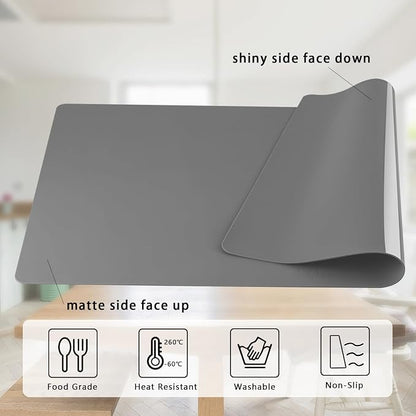 Silicone Placemats, Food-Grade Non-Slip Waterproof, Dining, Stain Resistant, Countertop Protector, Kitchen Counter Mat, Heat Resistant, Baking mat Dishwasher Safe (25.6"×17.7"-1pack Thicken, Gray)