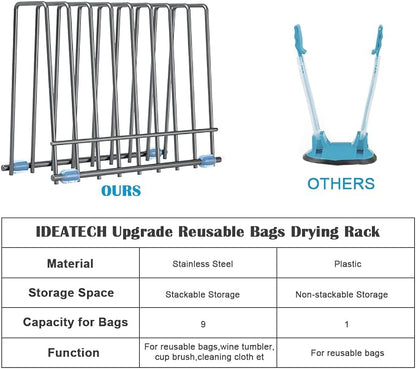 IDEATECH Reusable Silicone Bags Rack, Drying Rack for Storage Bags, Stainless Stand for Reusable Freezer Bags, File Organizer Desktop Storage Book Shelf (Grey)