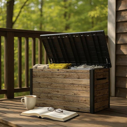230 Gallon Deck Storage Box Outdoor Patio Container (Ash Wood Brown)