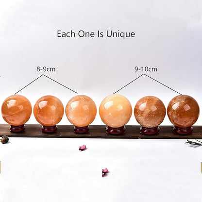JIC Gem Stripe Orange Calcite Sphere Ball 3.5inch with Wood Stand for Fengshui Healing and Decoration