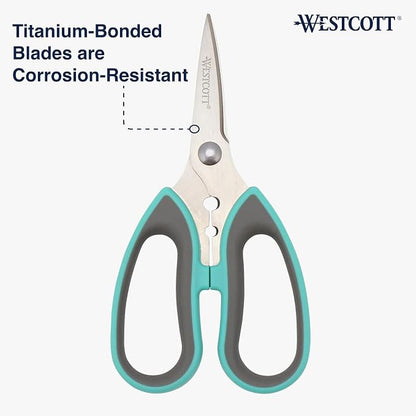 Westcott Titanium-Bonded Soft Handle Kitchen Shears for Herbs, Teal - 6.5-Inch Versatile Kitchen Shears with Precision Cutting Tips and Built-In Herb stripper for Easy Handling and Comfort