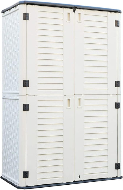 ADDOK Outdoor Storage Cabinet Waterproof,Outdoor Storage Sheds with Floor, Double-Layer Storage Shed for Patios/Generator/Long-Handled Tools (ivory/52 Cu.Ft)