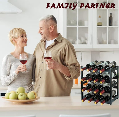 Bamboo Wine Rack, Sturdy and Durable Wine Storage Cabinet Shelf, Wine Racks Countertop for Pantry - 4 Tiers 16 Bottle Wine Rack Black