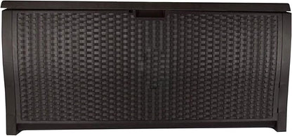 Suncast 99 Gallon Plastic Wicker Deck Box Container Storage for Garden, Garage, Home, Pool, Indoor and Outdoor Use, Mocha (2 Pack)