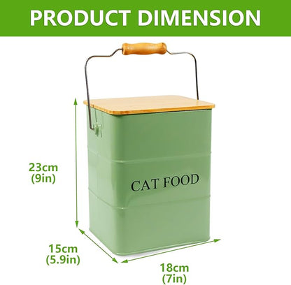 Morezi Cat Food Storage Container Storage bin with Wooden lid Scoop Included Green Metal cat Food Container in Kitchen countertop