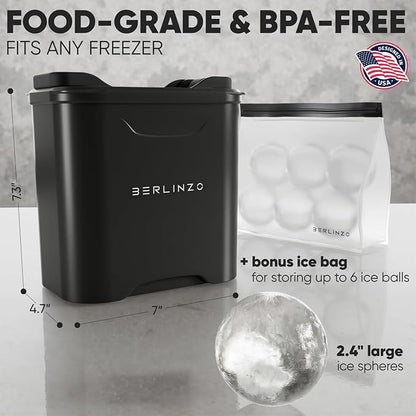 Berlinzo Ice Ball Maker Mold - 2 Clear 2.4in Whiskey Spheres, Non-Electric