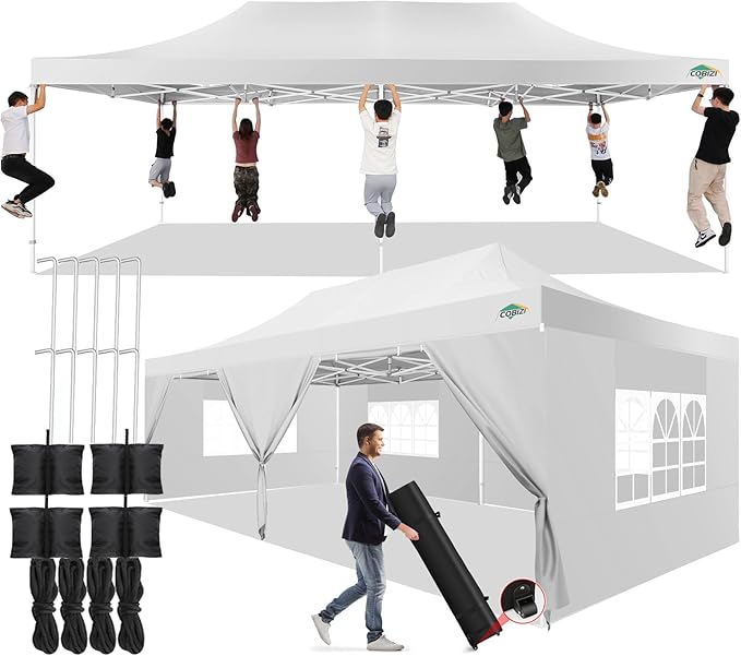 COBIZI 13x26 Pop up Canopy Tent 13x26 Canopy with 6 Sidewalls Waterproof Heavy Duty Commercial Canopy Tent for Parties Outdoor Tent Garden Gazebo Tent, Carry Bag with Wheel(13x26ft, White)