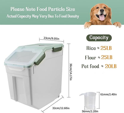Large Flour Storage Container 25lbs, (4 Pack) BPA Free Rice Dispenser Bin with Locking Lid & Wheels, Measuring Cup, Scoop Kitchen Pantry Organizer for Flour, Rice, Grain, Cereal, Dog Food (Green)
