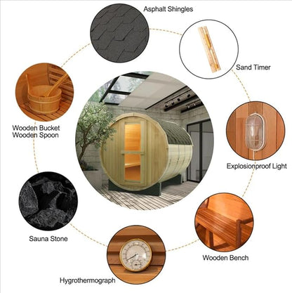 ZONEMEL Outdoor Barrel Steam Sauna, Wooden Sauna Room for 3-4 Person with 4.5KW ETL Certified TOULE Heater, Rocks, 8mm Tempered Glass, Waterproof System