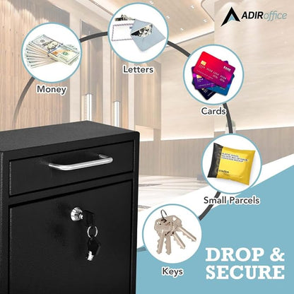 AdirOffice Wall Mount Mailbox - Mailbox with Lock and Keys- Durable Wall Mounted Locking Mailbox and Cash Drop Box for House, Apartments and Bussiness After Hours Deposits