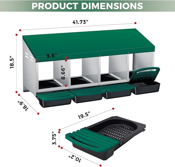 Chicken Nesting Boxes with Rollout Egg Collection – 4-Compartment Metal Hen Nest Box with Removable Trays, Slanted Roof & Ventilation, Wall Mount or Standing for Backyard Poultry Coop, Green
