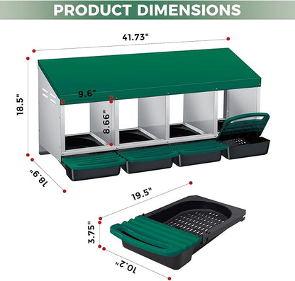 Chicken Nesting Boxes with Rollout Egg Collection – 4-Compartment Metal Hen Nest Box with Removable Trays, Slanted Roof & Ventilation, Wall Mount or Standing for Backyard Poultry Coop, Green