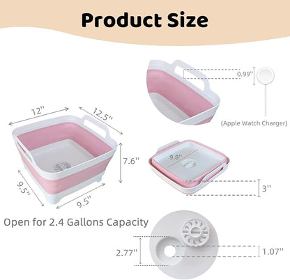 Collapsible Wash Basin for Baby Bottles - 2.4 Gallons Portable Wash Bin for RV Camping Sink, Space-Saving Dish Tub (Pink)
