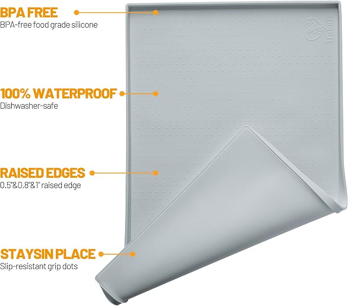Hubulk Dog Feeding Mat,100% Waterproof Food Grade Silicone Pet Food and Water Bowl Placemat,Dishwasher, High Raised Edge to Prevent Spills,Nonslip Tray to Stop Messes on Floor（19"x12"x0.5", Mist）