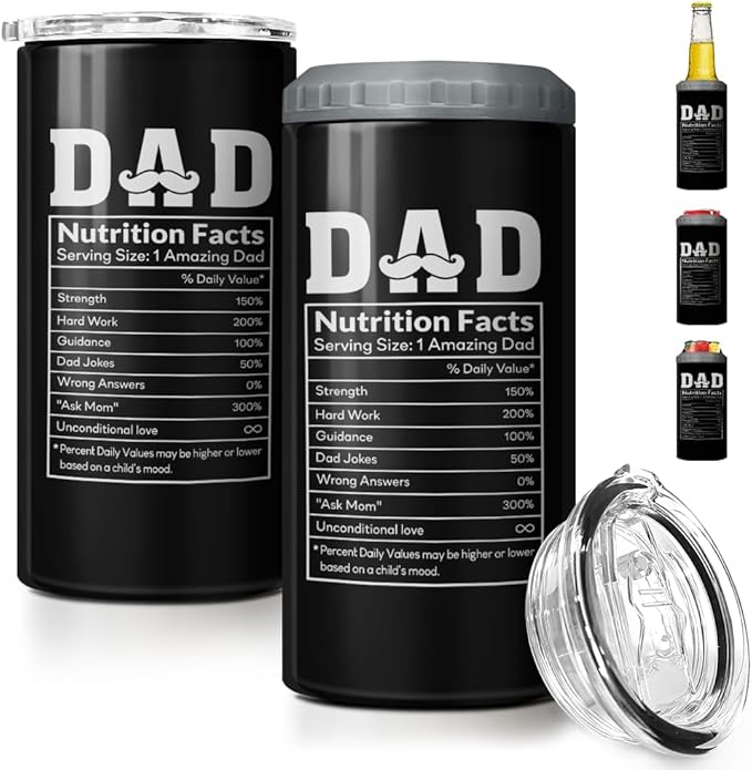 SANDJEST 4-in-1 Dad Tumbler Gifts for Dad from Daughter Son - 12oz Dad Nutrition Facts Can Cooler Tumblers Cup - Stainless Steel Insulated Cans Coozie Christmas, Birthday, Father's Day Gift for Daddy