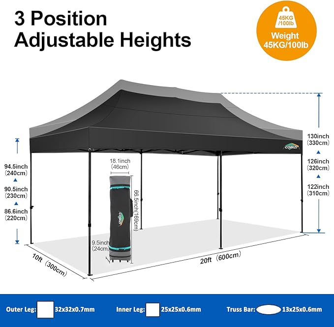 COBIZI 10x20 Pop up Canopy Tent 10x20 Canopy with 6 Sidewalls Waterproof Heavy Duty Commercial Canopy Tent for Parties Outdoor Tent Garden Gazebo Tent, Carry Bag with Wheel(10x20ft, Black)