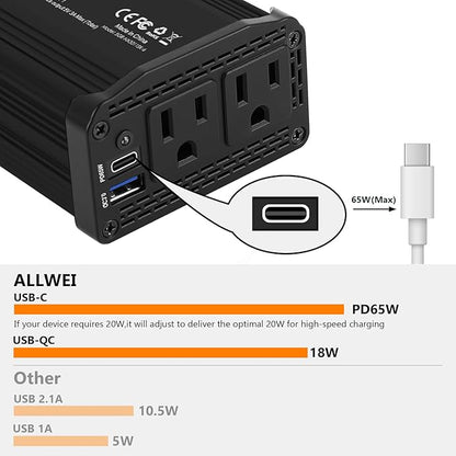 ALLWEI 300W Power Inverter 12V DC to 110V AC Car Plug Adapter Outlet Converter with 65W PD USB-C &18W USB-A Fast Charger, Car Cigarette Lighter Adapter for Laptop Tablets Phones - Portable - Black