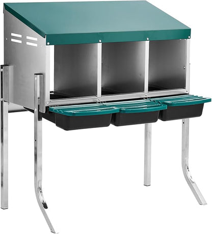 Metal Chicken Nesting Box,3 Compartment Nesting Box for Laying Eggs,Cleanable Pull Out Hen Roosting Boxes,Wall Mount Chicken Brooder Boxes,with Perch,for Hens Gooses Ducks Poultry Farms (Green)
