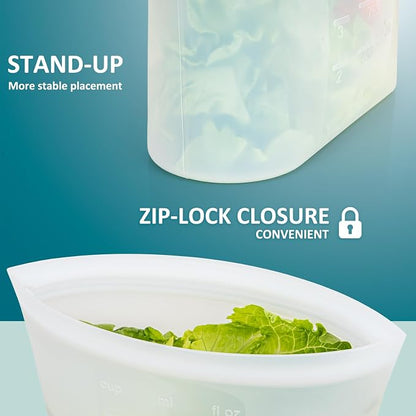 8-Pack Reusable Silicone Food Storage Bags, 100% Silicone Stand-Up Wide-Open Zip-Lock Reusable Storage Bags for Food, Freezer Microwave Oven Dishwasher Safe, Translucent, 4M 2S 2XS