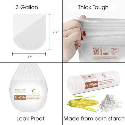 Primode Compostable Bags, 3 Gallon Food Scraps Yard Waste Bags, 100 Count, Extra Thick 0.71 Mil. ASTMD6400 Compost Bags Small Kitchen Trash Bags, Certified By BPI And TÜV AUSTRIA