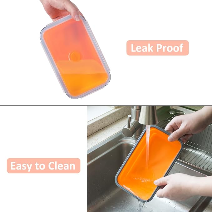 Collapsible Food Storage Containers with Airtight Lid & Vent, 40.5 oz, Kitchen Stacking Silicone Collapsible Meal Prep Container Set for Leftover, Microwave Freezer Dishwasher Safe, Orange, Set of 4