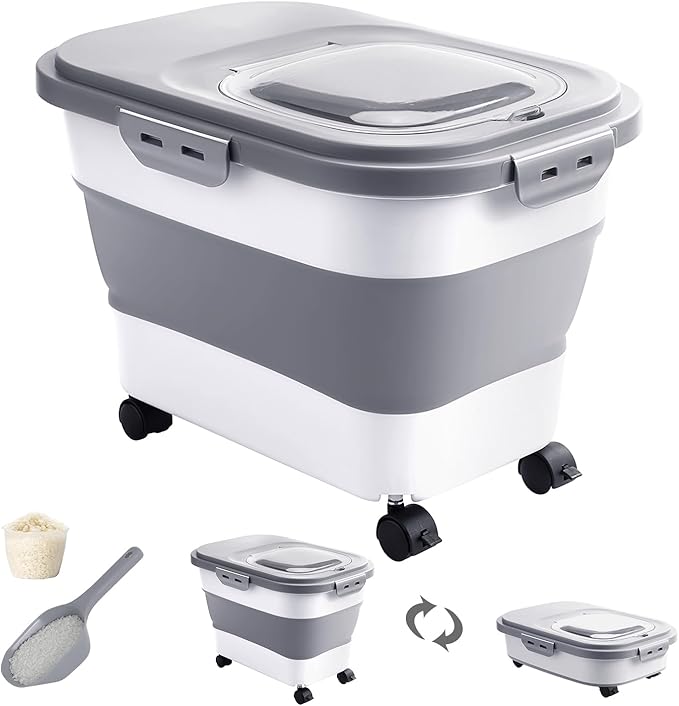 20-30 Lbs Rice Storage Container,Collapsible Food Storage Containers with Rolling Wheel Airtight Locking Lid,Flour Storage Container with Cup and Scoop,Suitable for Food,Rice,Pet Food,Flour