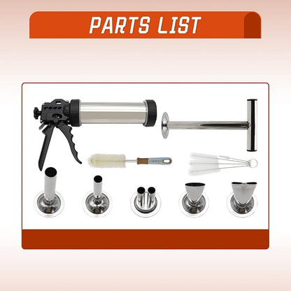 Hoypeyfiy Stainless Steel Jerky Gun Kit, Beef Jerky Maker Gun for Ground Meat, Manual Sausage Stuffer and Salami Maker with 5 Stainless Steel Nozzles, Meat Pusher and Cleaning Brushes