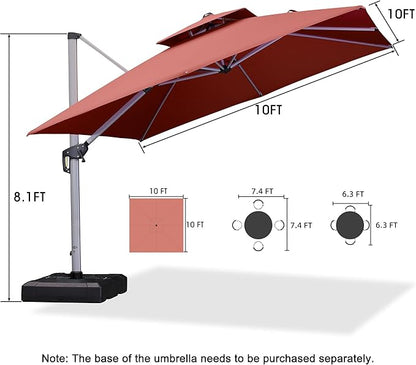 PURPLE LEAF 10ft Patio Umbrella Outdoor Square Umbrella Large Cantilever Umbrella Windproof Offset Heavy Duty Sun for Garden Deck Pool Patio, Brick Red