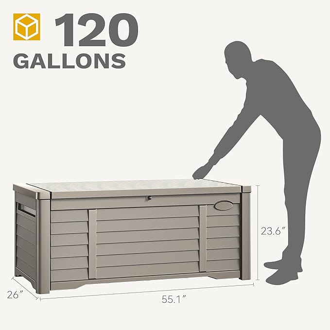 DWVO Large Deck Box 120 Gallon Waterproof Outdoor Storage Box, Extra Large Storage Bin, Resin Louvered Patio Storage for Pillows, Garden Tools & Pool Supplies, Lockable, Light Brown