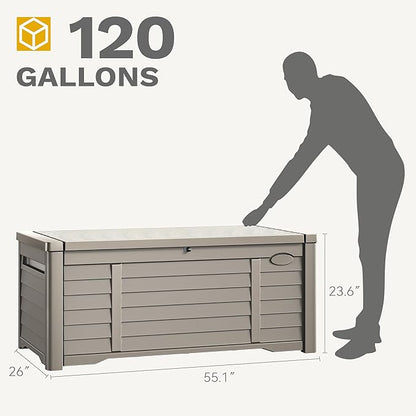 DWVO Large Deck Box 120 Gallon Waterproof Outdoor Storage Box, Extra Large Storage Bin, Resin Louvered Patio Storage for Pillows, Garden Tools & Pool Supplies, Lockable, Light Brown