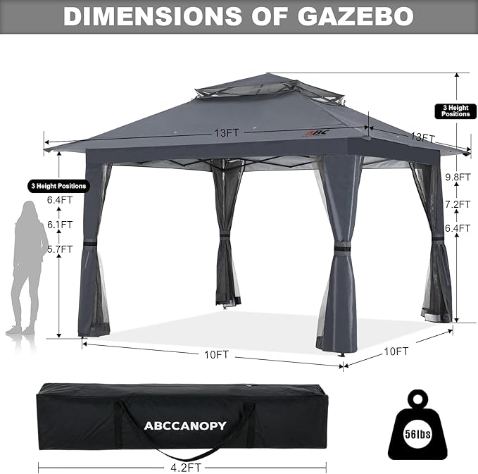 ABCCANOPY 13x13 Pop Up Gazebo, Outdoor Canopy Tent, Instant Screened Shelter with Mosquito Netting for Patio, Garden, Backyard, Party, Camping (Dark Gray)