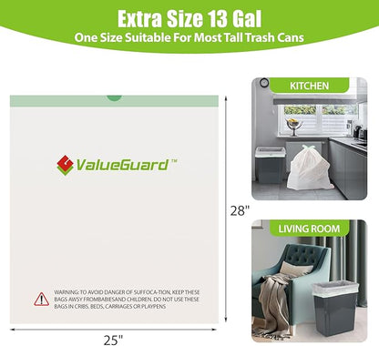 Large Trash Bags 13 Gallon Tall Drawstring 100% Post-Consumer Recycled Garbage Bag Waste Bag for Kitchen Office 0.6 Mil (300 Count)