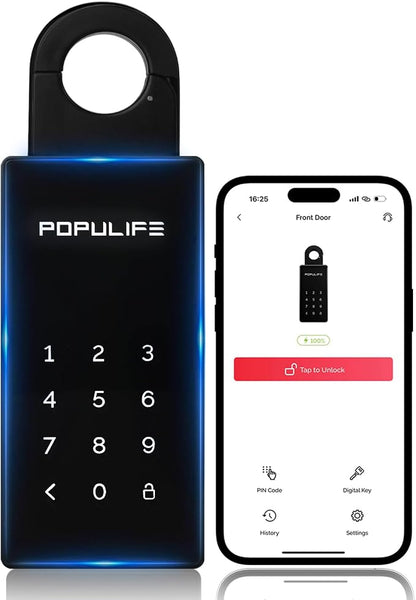 【Updated Version】 Populife Smart Key Lock Box for Outside, Wireless Lock Box for House Key, Hide a Key Outdoor, Electronic Digital Lockbox for Realtor Airbnb Smart Bluetooth Padlock, No WiFi Need