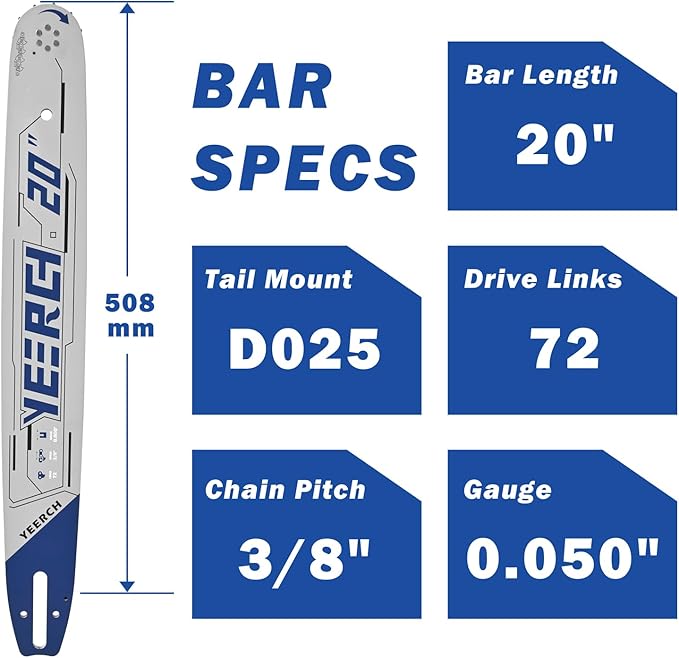 20 Inch Chainsaw Bar 72 Drive Links 3/8" Pitch .050" Gauge - 20 Chainsaw Guide Bar, Chainsaw Accessories Fits for Stihl