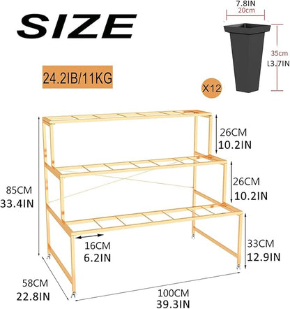 Flower Display Stand With 12PCS Buckets, 3 Layers Metal Plant Stand with Wheels, Heavy Duty Moving Plant Cart Shelf, for Indoor, Outdoor Patio Garden, Living Room, Florist (Black - Square Bucket)