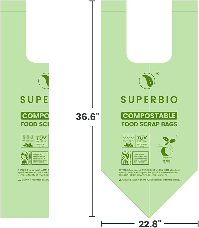 SUPERBIO 13 Gallon Handle Tie Compostable Food Waste Bags, 30 Count, 2 Pack, ASTM D6400, BPI and OK compost INDUSTRIAL, 49.2L, 0.87 Mil