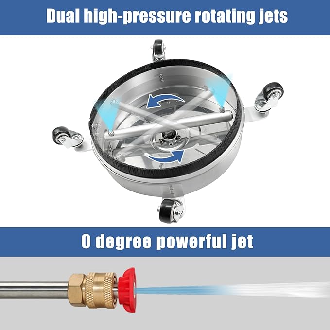 janz 14" Pressure Washer Surface Cleaner with 4 Wheels, Stainless Steel Housing, 1/4" Quick Plug, 2 Extension Wands, 2 Replacement Nozzles and 3 Spray Nozzles, 4000 PSI