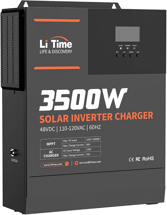 LiTime 3500W All-in-One Solar Inverter Charger, 48V DC to 120V AC Pure Sine Wave Inverter, Built in 80A MPPT Charge Controller, for 48V Lead Acid/LiFePO4 Battery, Home Energy Storage, Off-Grid