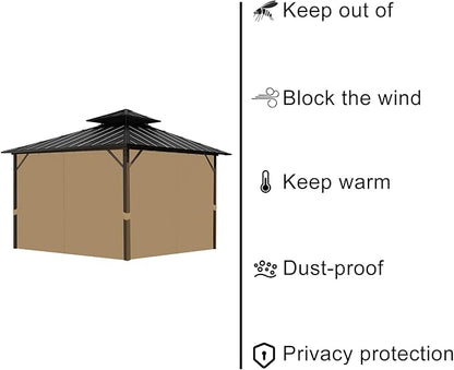 Gazebo Universal Replacement Privacy Curtain, 12'X14' Gazebo Curtains Outdoor Waterproof, 4-Panels Sidewall with Zipper for Patio, Garden and Backyard (Only Curtains, 12'X14', Beige)
