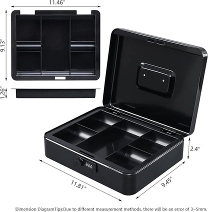 KYODOLED Metal Cash Box with Combination Lock Money Box for Cash Safe Metal Box with Money Tray for Security Lock Box 11.81"x 9.45"x 3.54" Black X Large