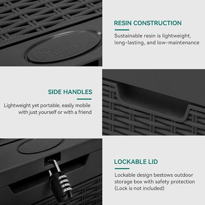 YITAHOME 32 Gallon Rattan Deck Box, Indoor Outdoor Storage Box for Patio Furniture, Pool Accessories, Cushions, Garden Tools, Sports Equipment, Waterproof Resin with Lockable Lid & Side Handles, Black