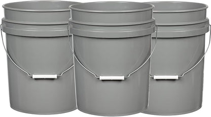 House Naturals 5 Gallon Food Grade Made in USA Plastic Bucket with Screw On Air Tight Double Gasket lid, (Pack of 3) (Gray Buckets - Aqua Lids)