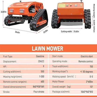 Gasoline Powered Remote Control Lawn Mowerwith Snow Plow, 9HP Crawler Mower with 600m Range for Steep Hills and Orchards (Orange)