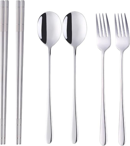 Buyer Star Stainless Steel Korean Chopsticks Spoons and Fork Set, 2 Pack Reusable Forks and Spoons Silverware Korean Utensil Set, Portable Utensils Dinnerware for Home (Silver)