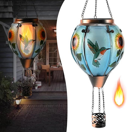 Hot Air Balloon Solar Lantern - Hummingbird Glass Lantern, Simulated Flickering & Dancing Flame, Outdoor Hanging Sunflower Yard Light Waterproof IP65 for Patio Lawn Porch Decor Gift