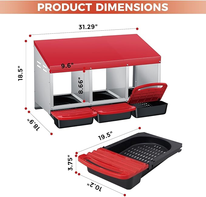 Chicken Nesting Boxes, Metal Rollaway Chicken Nest Box with Rollout Egg Collection, Removable Tray & Nesting Pads, Egg Laying Box for Chicken Coop Hens, Wall Mount or Standing, 3 Compartments, Red