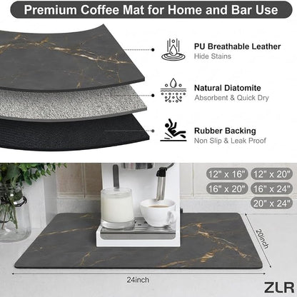 ZLR XXL Coffee Bar Mat for Barista Workstation, 20"x24", Marble Gray | Pro Home Cafe Station, Absorbent Dish Drying Mat, Stain-Hiding Top, Fits Multi-Appliance, Cup Display & Knock Box